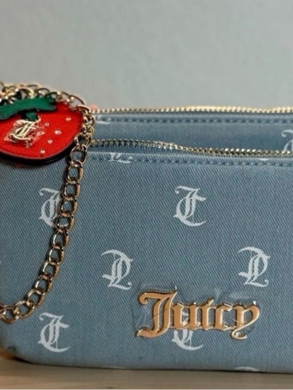 Juicy Couture Light Blue Logo Double Wallet  Bag with Strawberry Charm